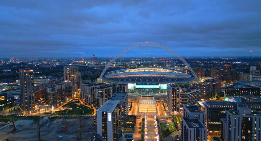 Wembley Stadium in London - aerial view in the evening - LONDON, UNITED KINGDOM - JUNE 9, 2022